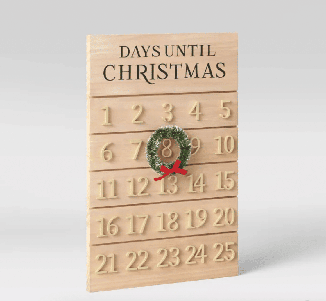 wooden advent calendar with wreath decor