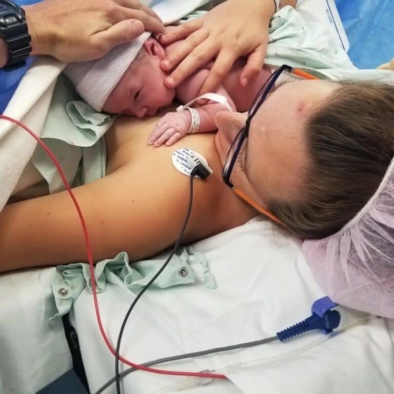 mom with baby on chest has unplanned c-section