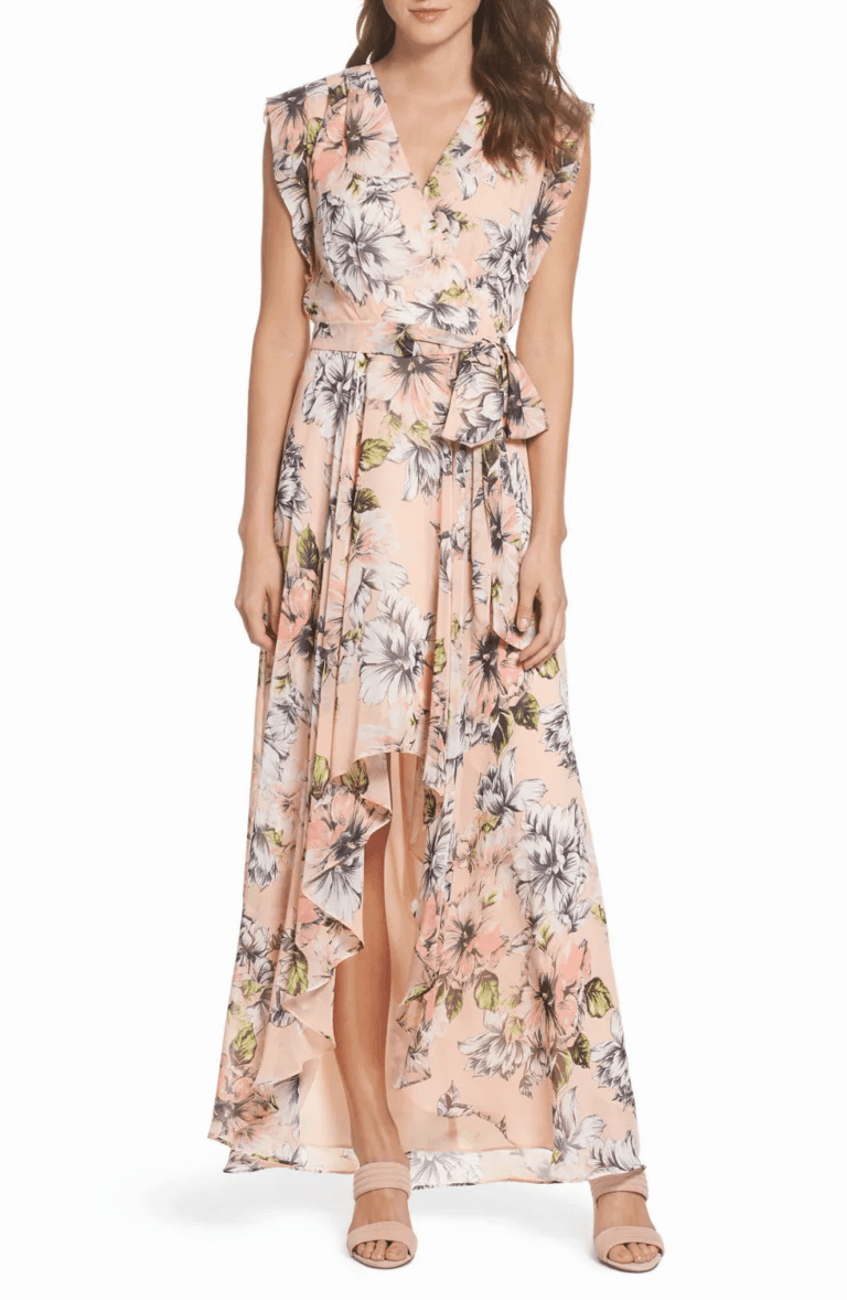 eliza j floral ruffle high low maxi dress Motherly