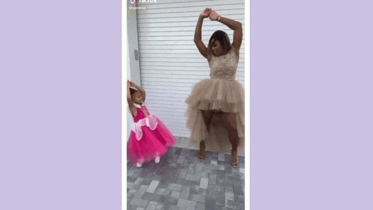 Serena Williams dancing with her daughter in a gown