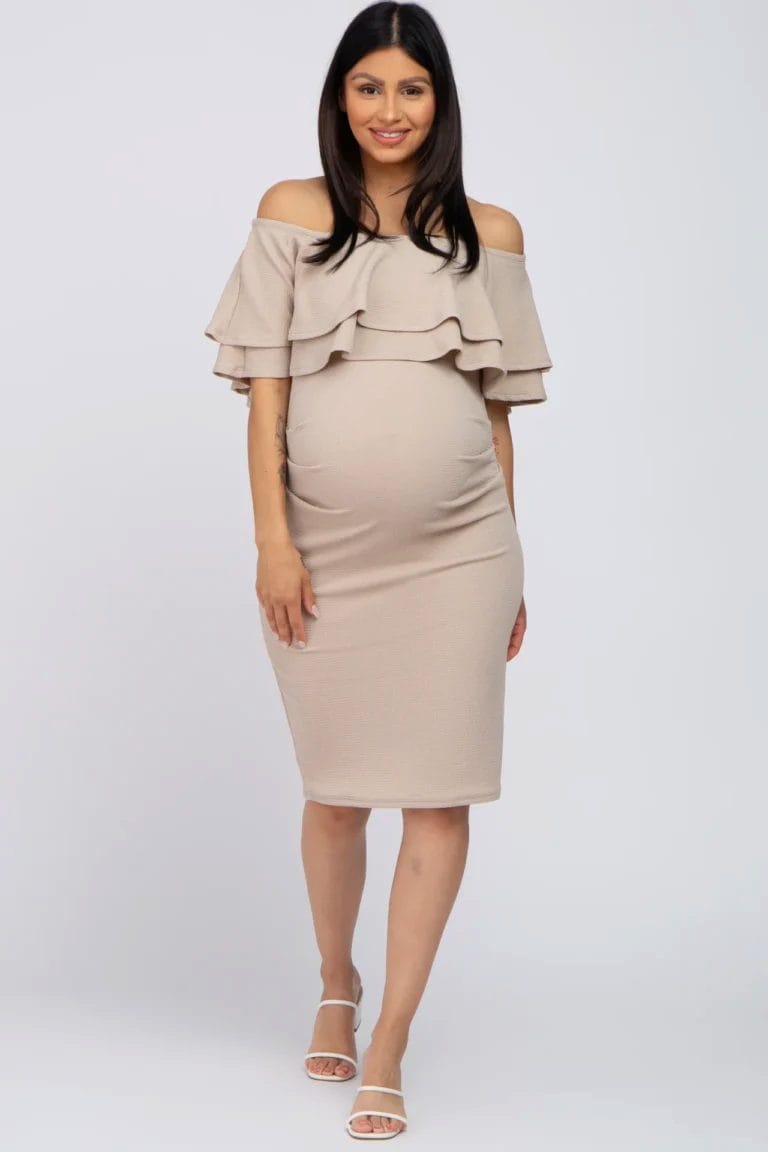 PinkBlush Ruffle Off Shoulder Ruched Maternity Dress