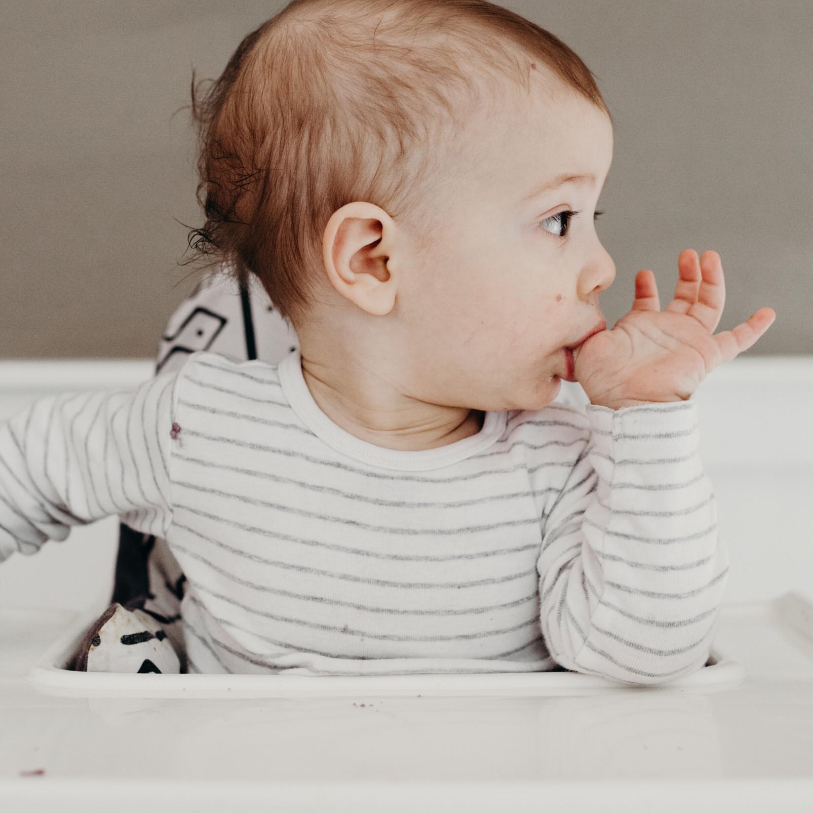 baby eating food from its finger - 11-month-old baby feeding schedule