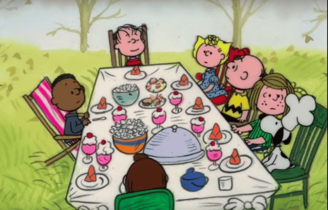 photo of the peanuts gang at thanksgiving- a charlie brown thanksgiving