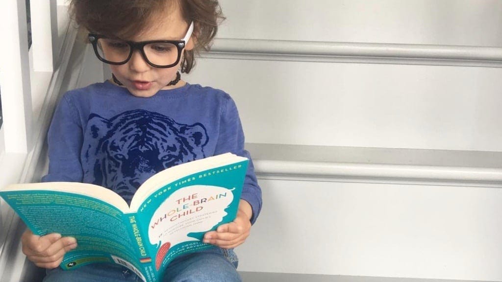 young kid reading whole brain child book