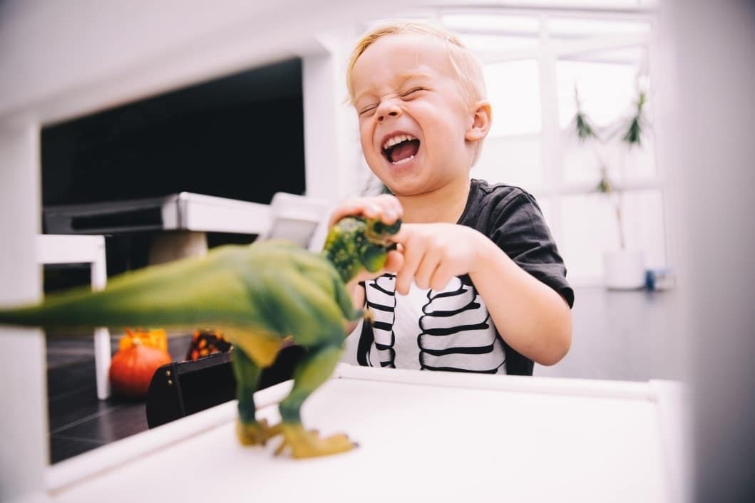 little boy playing with toy dinosaur