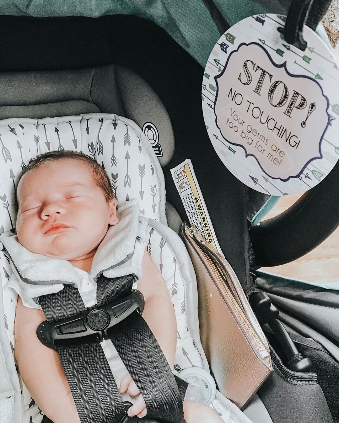 baby in a car seat with a do not touch sign attached