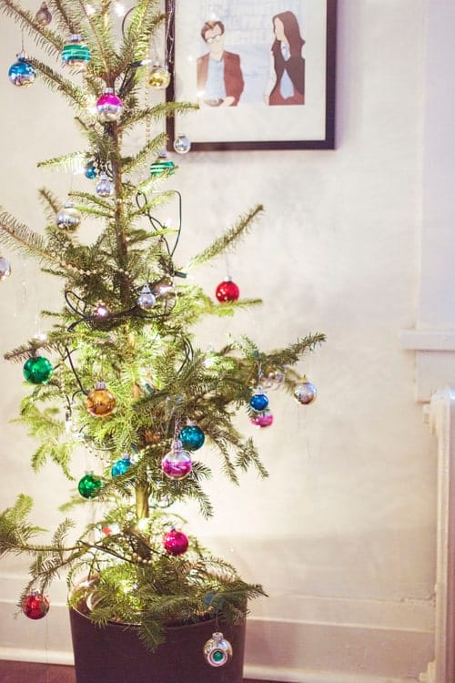 simple holiday, sparsely decorated christmas tree