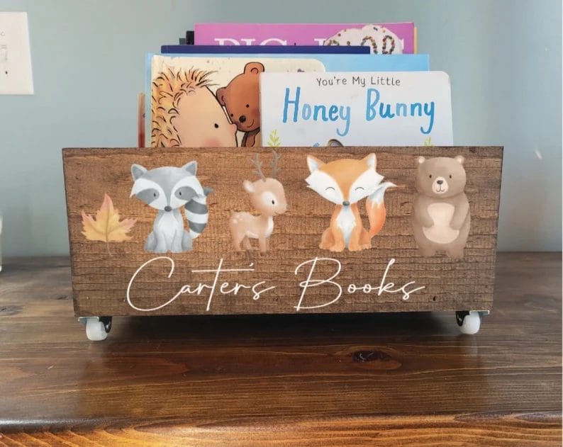 personalized wooden book bin Motherly