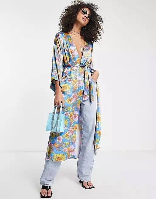 Top Shop premium floral midi kimono dress in blue