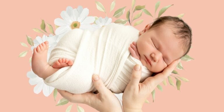 swaddled baby in spring flowers baby names