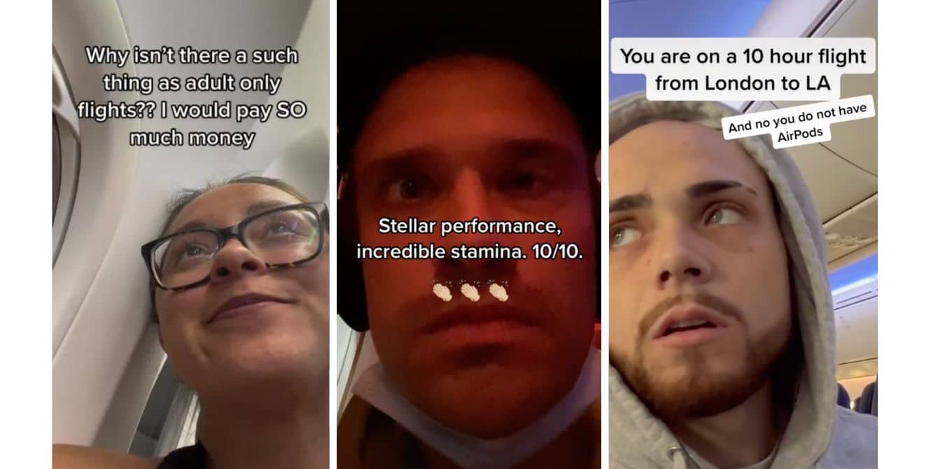 Collage of TikTok videos re: crying babies on airplanes