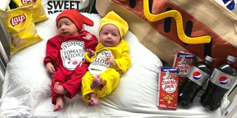 NICU babies dressed up as ketchup and mustard for Halloween