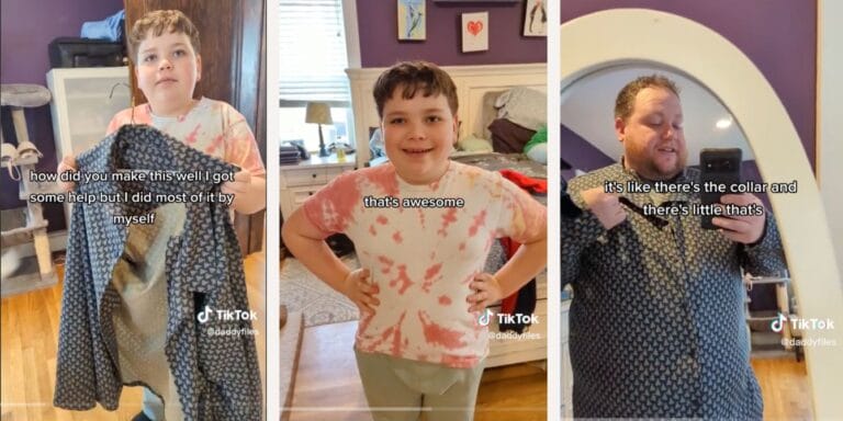 tiktok collage dad and son- 4th grader gives dad shirt he sewed himself in viral tiktok