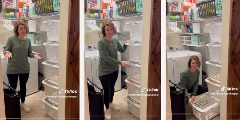 mom showing laundry room and baskets- laundry organization tips