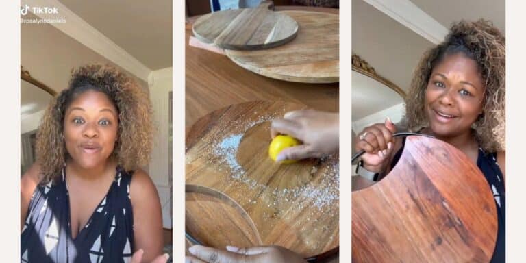 TikTok stills of woman showing how to clean charcuterie boards