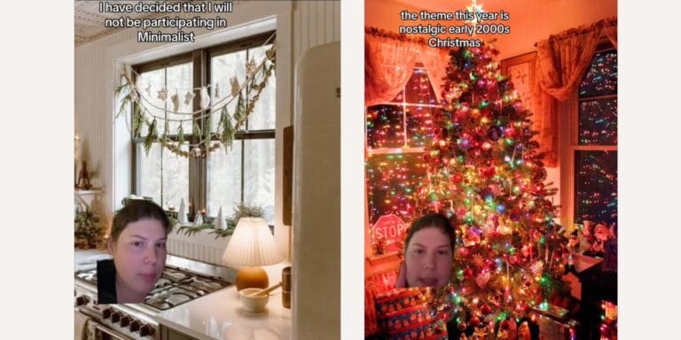 Woman shows difference between white beige Christmas and nostalgic Christmas