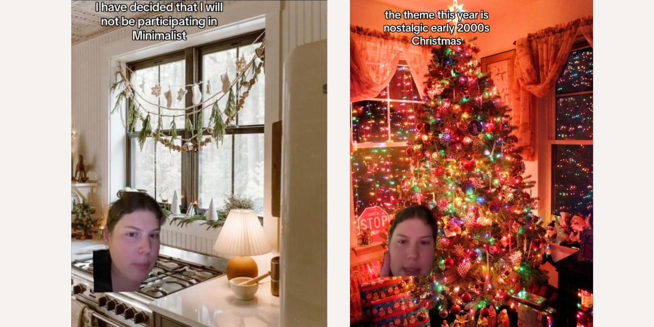 Woman shows difference between white beige Christmas and nostalgic Christmas