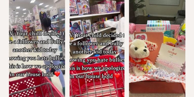 Mom and daughter buying a gift to apologize for daughter bullying another child