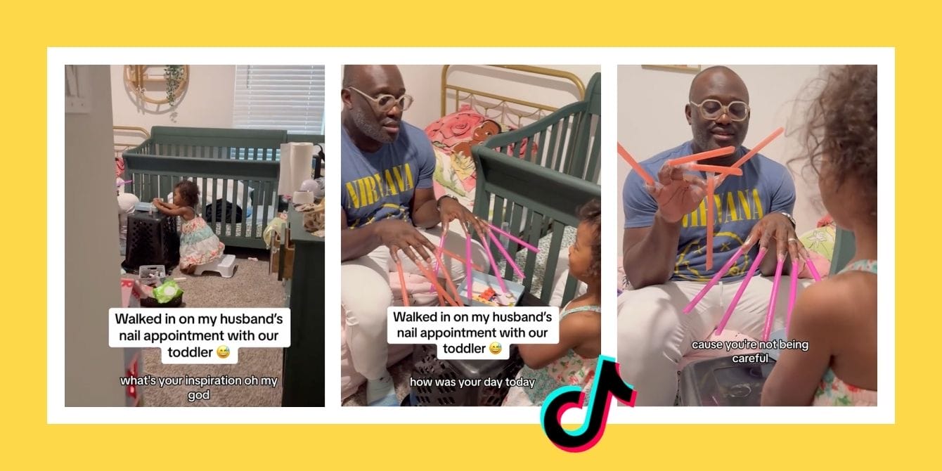 Dad playing nail salon with his toddler