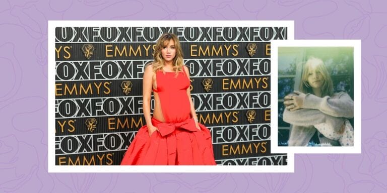 Suki Waterhouse at the 2024 Emmy Awards, inset of Suki and baby