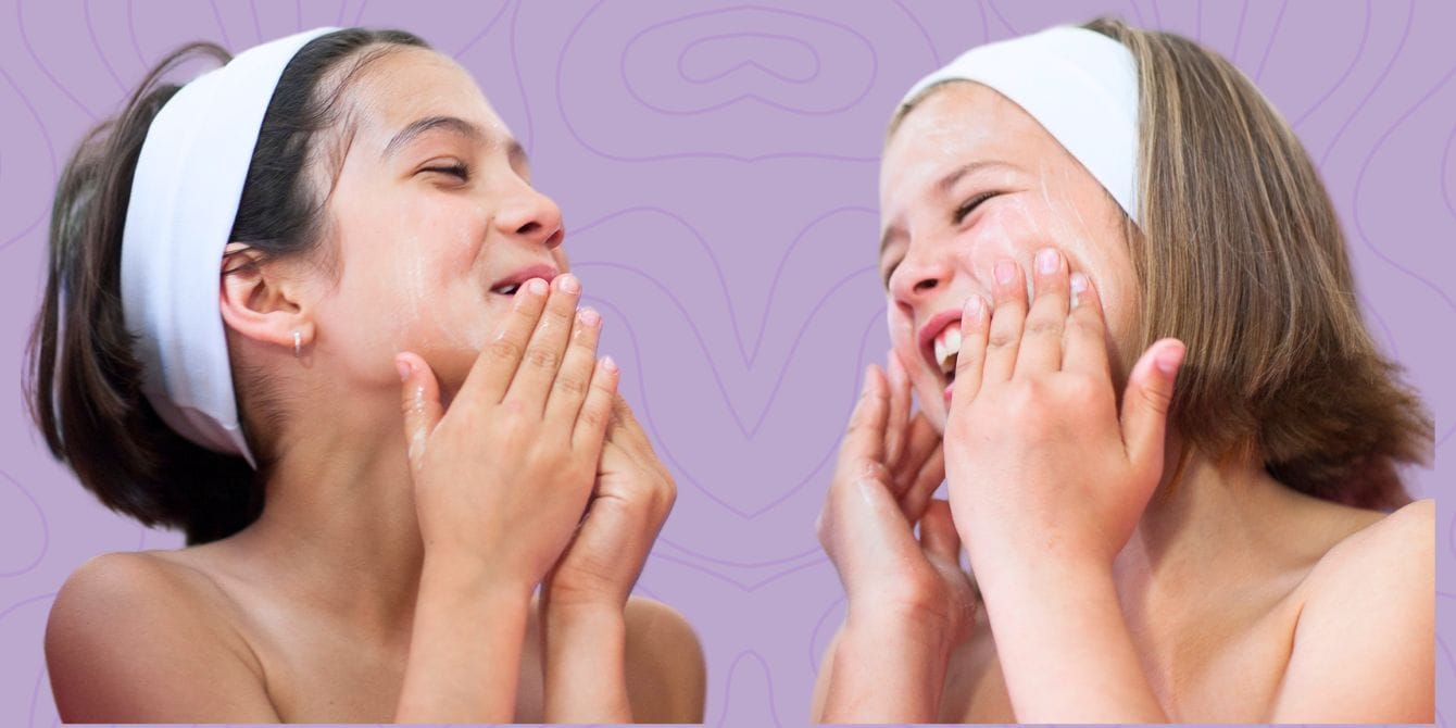 Tween girls laughing and putting on skincare