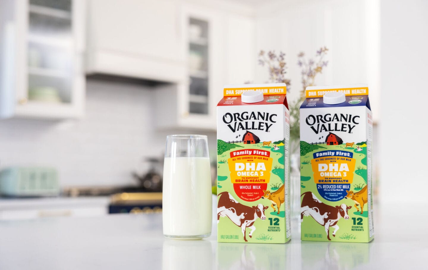 two cartons of Organic Valley milk on a countertop