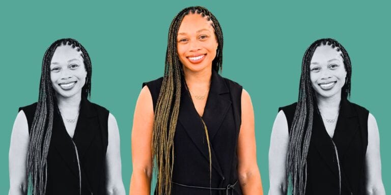 Allyson Felix on teal background for Breastfeeding Awareness Month