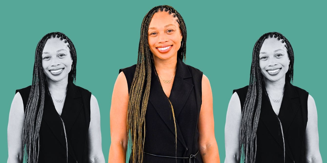 Allyson Felix on teal background for Breastfeeding Awareness Month