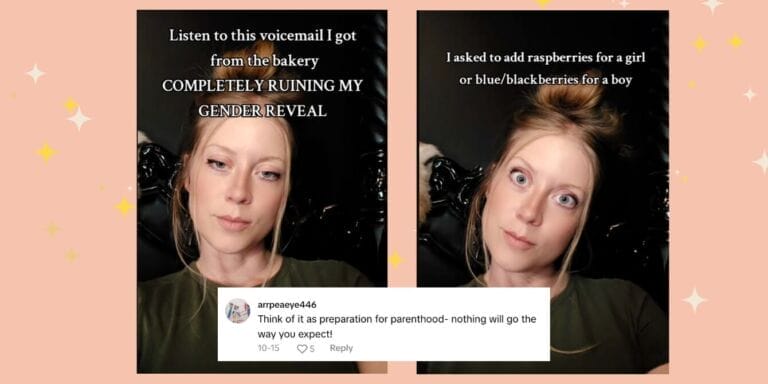 Screenshots of a viral TikTok video that features a mom-to-be listening to a voice mail from a bakery accidentally revealing the gender of her baby