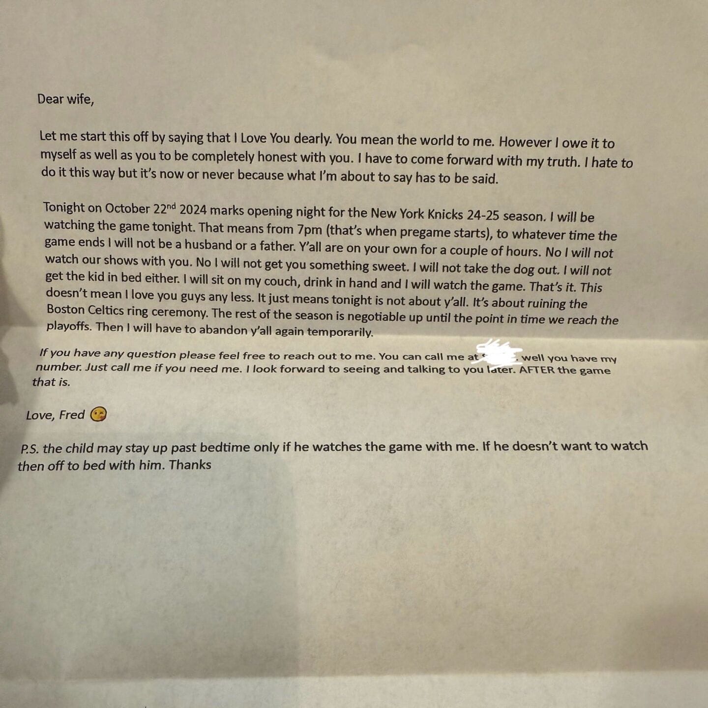 A typed letter from a husband to his wife on game night