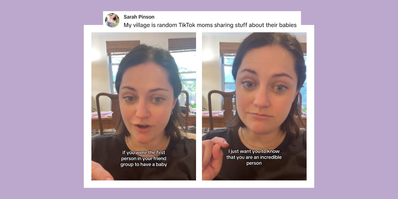 Viral TikTok: Still images of a mom explaining what it feels like to be the first mom in a friends group