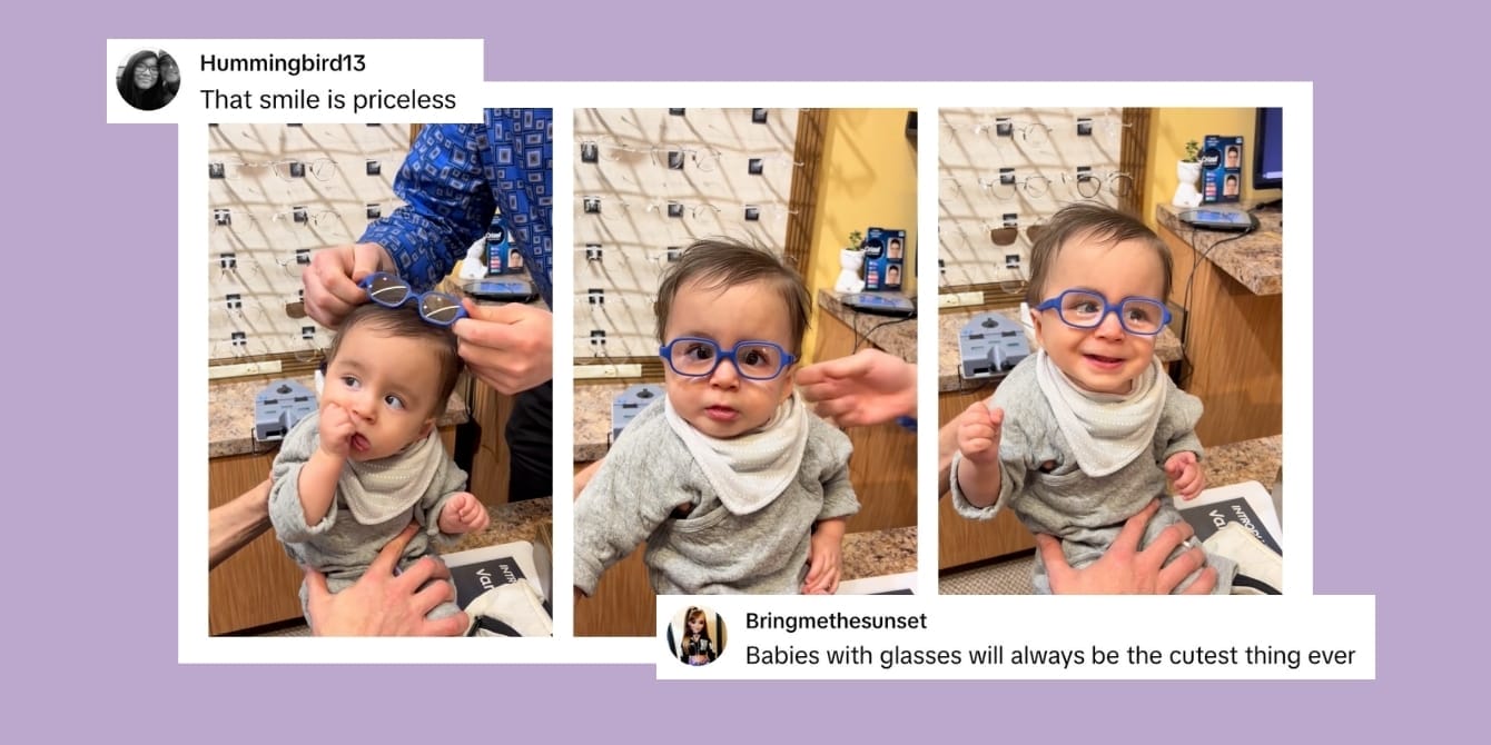 Stills from a viral TikTok capturing a baby's emotional reaction to being able to see for the first time