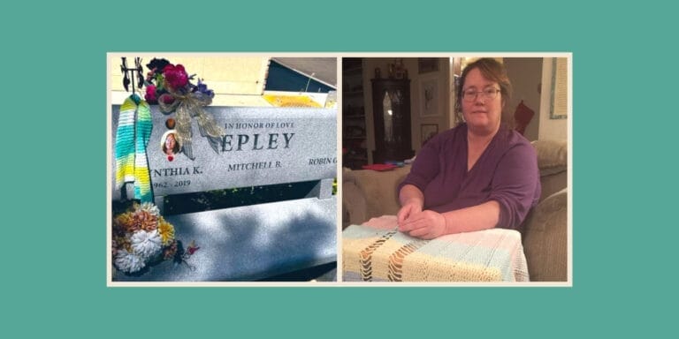 Twitter X: Two images, one is of a woman knitting, the other is a gravestone, with a knitted scarf draped over it